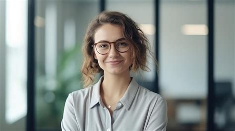 Premium Ai Image A Woman With Glasses Stands In A Room With A Window Behind Her