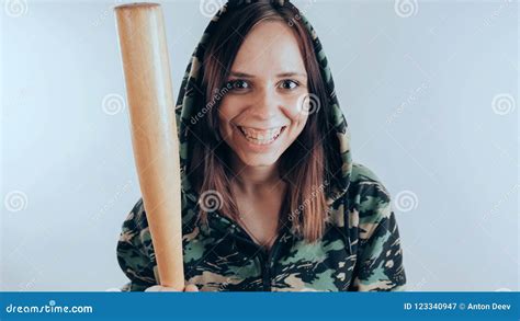 Girl With A Bat Girl Or Criminal Woman Holding Baseball Bat In Hand