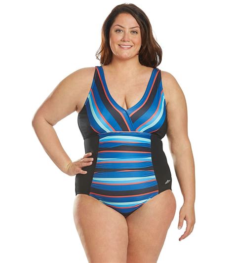 Dolfin Womens Plus Size Aquashape Multi Stripe V Neck Chlorine