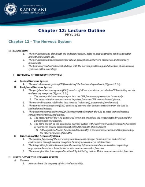 Ch 12 Lecture Outline Chapter 12 Lecture Outline Phyl 141 Chapter 12 The Nervous System