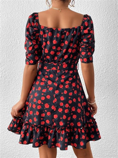 SHEIN VCAY Floral Print Puff Sleeve Ruffle Hem Belted Dress For Sale