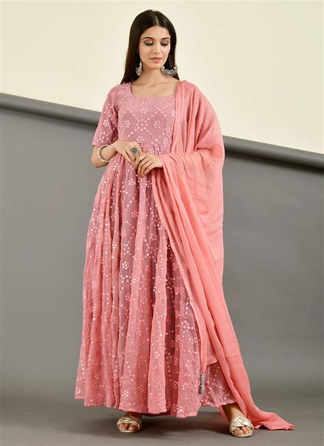 Buy Georgette Mirror Onion Pink Anarkali Suit Work Wear Online At Best