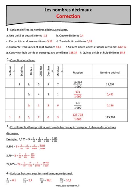 Nombres décimaux Cm1 Exercices corrigés Pass Education