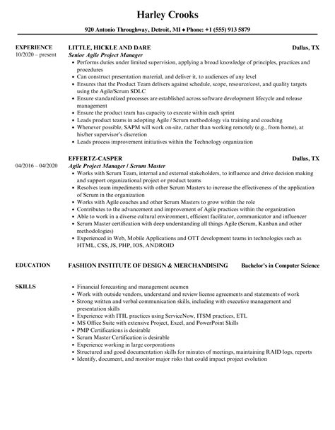 Agile Project Manager Resume Samples Velvet Jobs