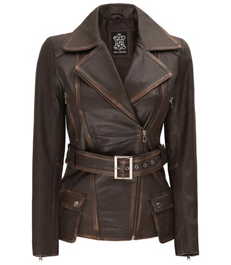 Women Distressed Brown Leather Motorcycle Jacket