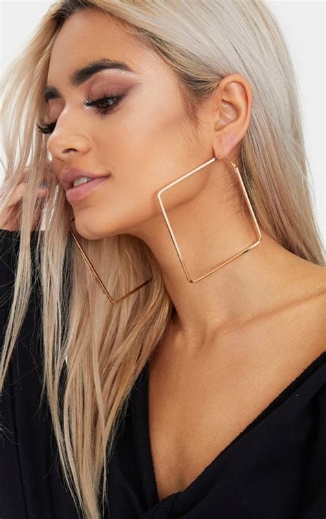 Gold Large Square Hoop Earrings Accessories Prettylittlething Ca