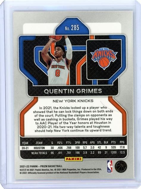 2021 22 Panini Prizm Quentin Grimes Rookie Card RC 285 New York Knicks