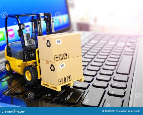 Concept Of Delivering Shipping Or Logistics Forklift On Laptop Stock