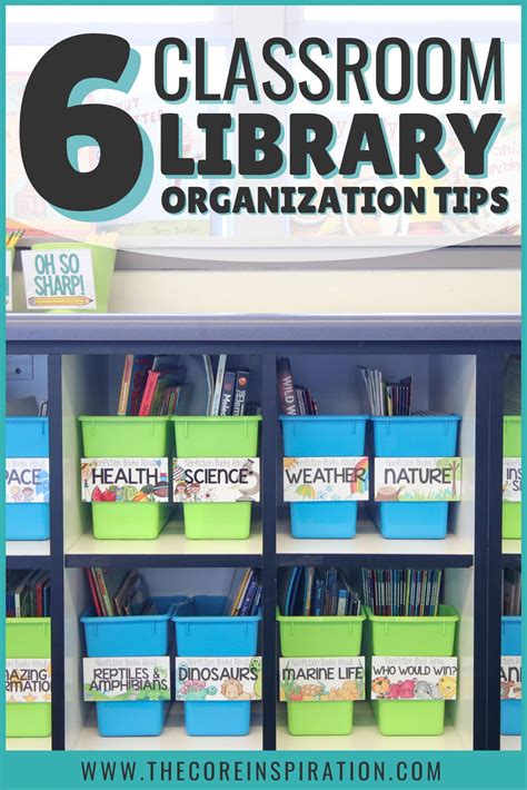 The Classroom Library Labelling Kit Is Organized With Blue And Green Bins Bookshelf