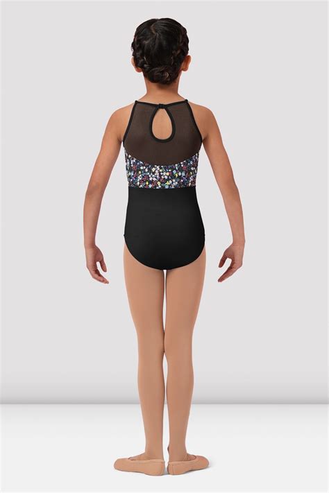 Girls Mirella Ditsy Floral Halterneck Leotard Black Bloch Dance Uk