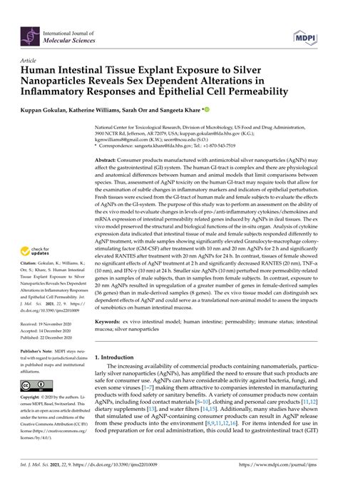 Pdf Human Intestinal Tissue Explant Exposure To Silver Nanoparticles Reveals Sex Dependent