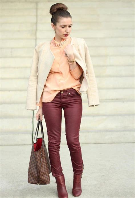 Burgundy Leather Pants With Neutral Colors Burgundy Pants Outfit