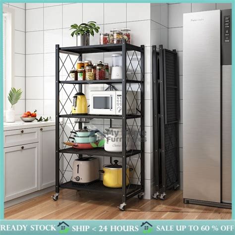 Tiers Simple Foldable Design Kitchen Rack With Rollers Rak Lipat