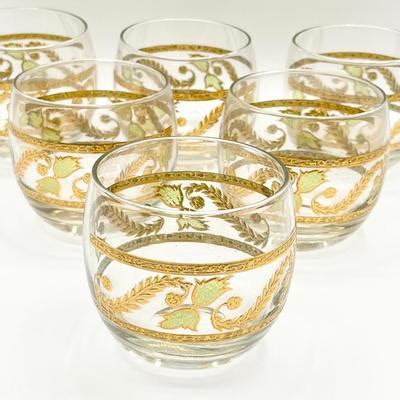 Vtg Gold Green Roly Poly Drinking Glasses Set Of Six