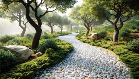 Nature Walk Pathway Surrounded By Lush Greenery And Sunlight Premium