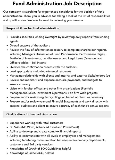 Fund Administration Job Description Velvet Jobs