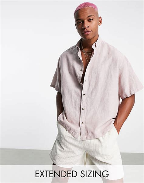 Asos Design Boxy Oversized Linen Shirt In Pink Asos