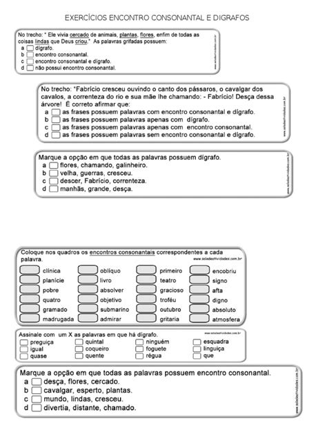 Encontro Consonantal Exercicios - Exercícios Encontro Consonantal e Digrafos | PDF