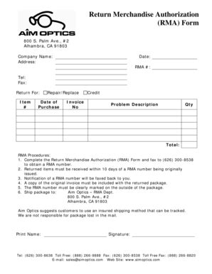 Fillable Online RMA Form PDF Format Aim Optics Fax Email Print