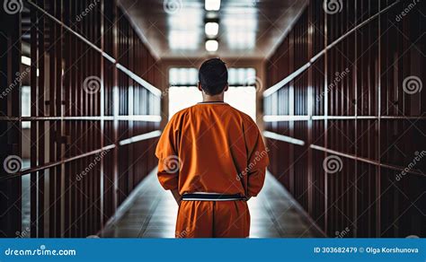 Inmate In Orange Uniform Behind Prison Bars Stock Image Image Of