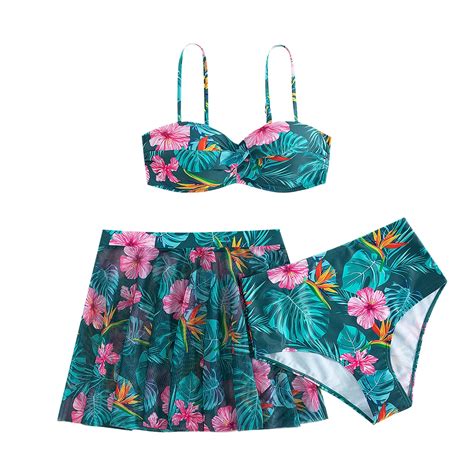 Women S Sexy Fashion Printed Net Split Swimsuit Bikini Three Piece Set Woman Swim Shorts