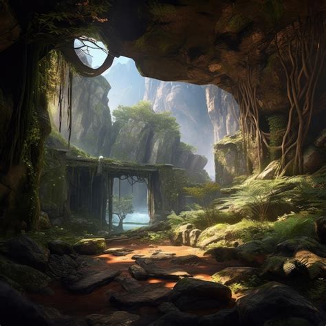 Premium AI Image | A cave in the jungle with a bridge in the middle