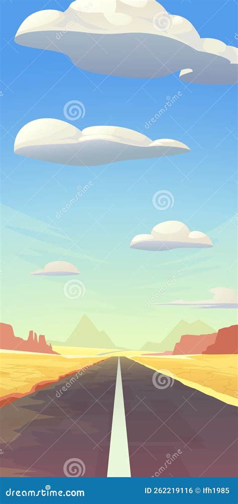 Straight Road In Desert Landscape Cartoon Style Stock Vector