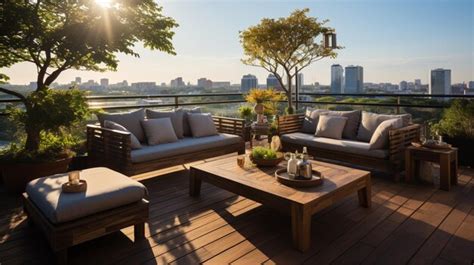 Premium Photo | A patio with furniture and plants on a rooftop