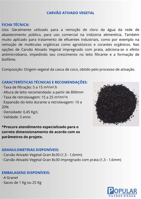 CARVÃO ATIVADO VEGETAL 8x30 PARA FILTRO DE ÁGUA 25 Kg POPULAR FILTROS