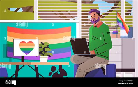Gay Sitting At Workplace And Using Laptop Lgbt Rainbow Flag Transgender Love Generation Z