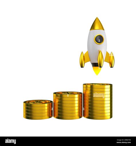 Rocket Launching With Dollar Coin Stacks Isolated Spaceship Of Growth