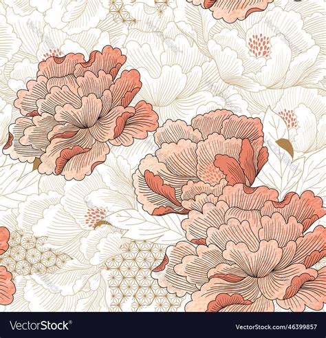 Peony Floral Seamless Pattern Element Japanese Vector Image