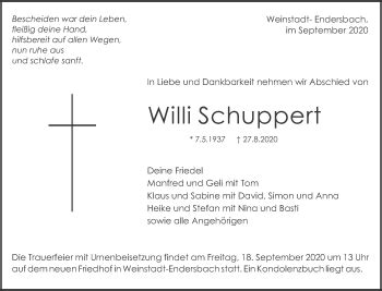 Traueranzeigen Von Willi Schuppert ZVW Trauer