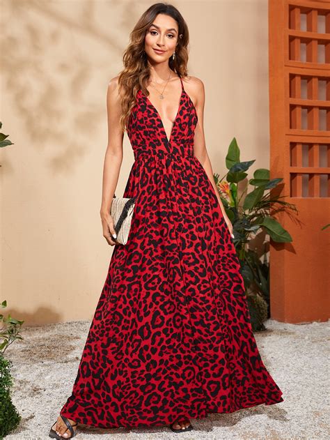 Shein Vcay Vestido Maxi Con Estampado De Leopardo Con Tira Cruzada De