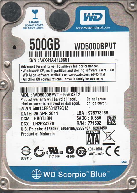 WD5000BPVT-55HXZT2, DCM HBOTJBN, Western Digital 500GB SATA 2.5 Hard ...