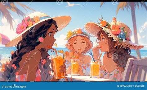 Lofi Girl In Bikini On A Beach Anime Manga Style Illustration Design Background Generative Ai