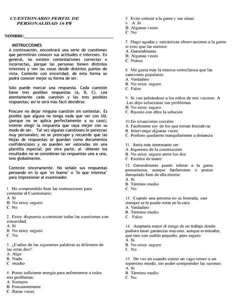 Cuadernillo De Preguntas 16pf Cuestionario Perfil De Personalidad 16