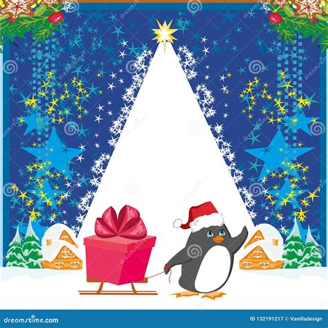 Penguin with Sleds - Funny Christmas Card Stock Vector - Illustration of greeting, clouds: 132191217