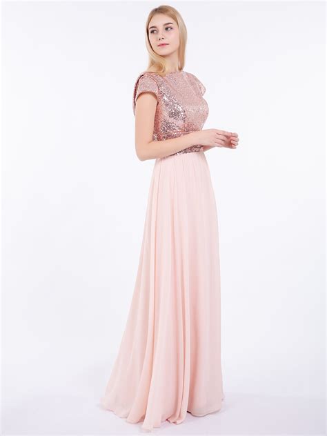 Sequins Long Dress with Cap Sleeves Rose Gold Plus Size – BABARONI
