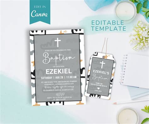 Gray Digital Baptismal Invitation Neutral Baptism Invites Editable Canva Templates Etsy