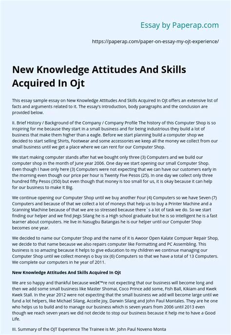 New Knowledge Attitudes And Skills Acquired In Ojt Free Essay Example