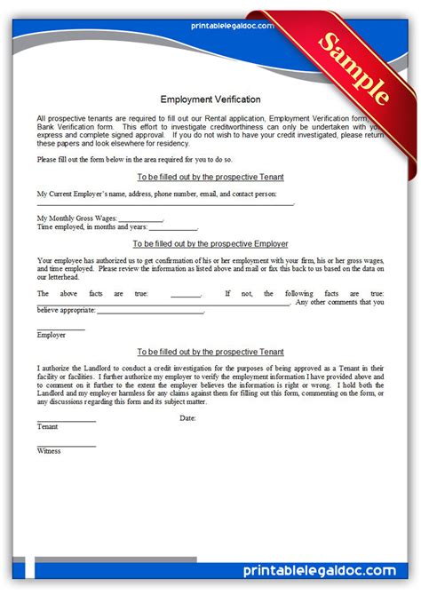 Free Printable Employment Verification Form Generic