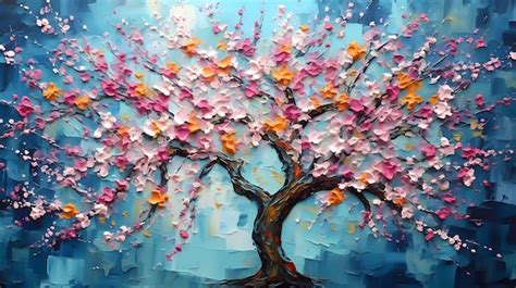 Premium Photo | A painting of a tree with pink flowers