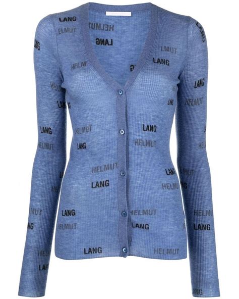 Helmut Lang Ribbed Knit Logo Print Cardigan In Blue Lyst