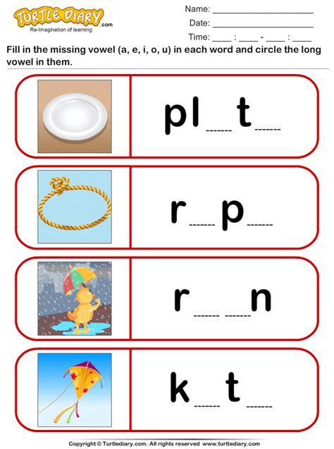 Fill Missing Vowel And Circle The Long Vowel Turtle Diary Worksheet