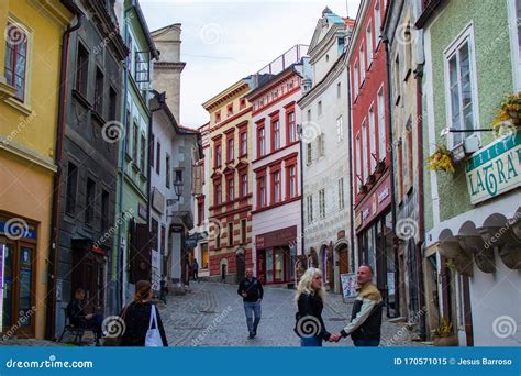 Cesky Krumlov, Czech Republic; 5/18/2019: Street in the Old Town of Cesky Krumlov with ...