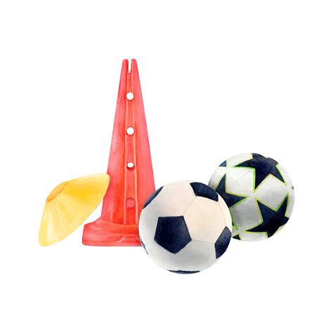 Soccer football cone watercolor vector. Red yellow ball. Sports gear