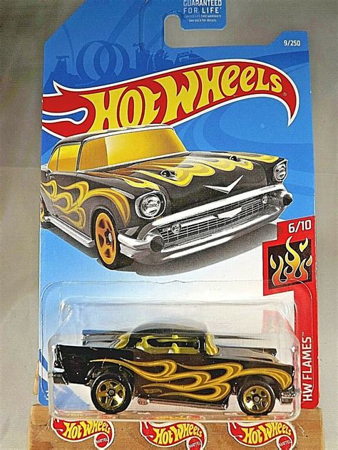 2019 Hot Wheels 9 Hw Flames 610 57 Chevy Black Variant Wgold 5 Spoke Wheels Contemporary