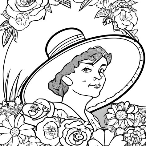 Beautiful Edwardian Lady With Large Hat Surrounded By Flowers Coloring