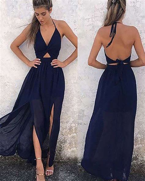 Halter Cutout Navy Blue Chiffon Prom Dress With Double Slits Pm1185